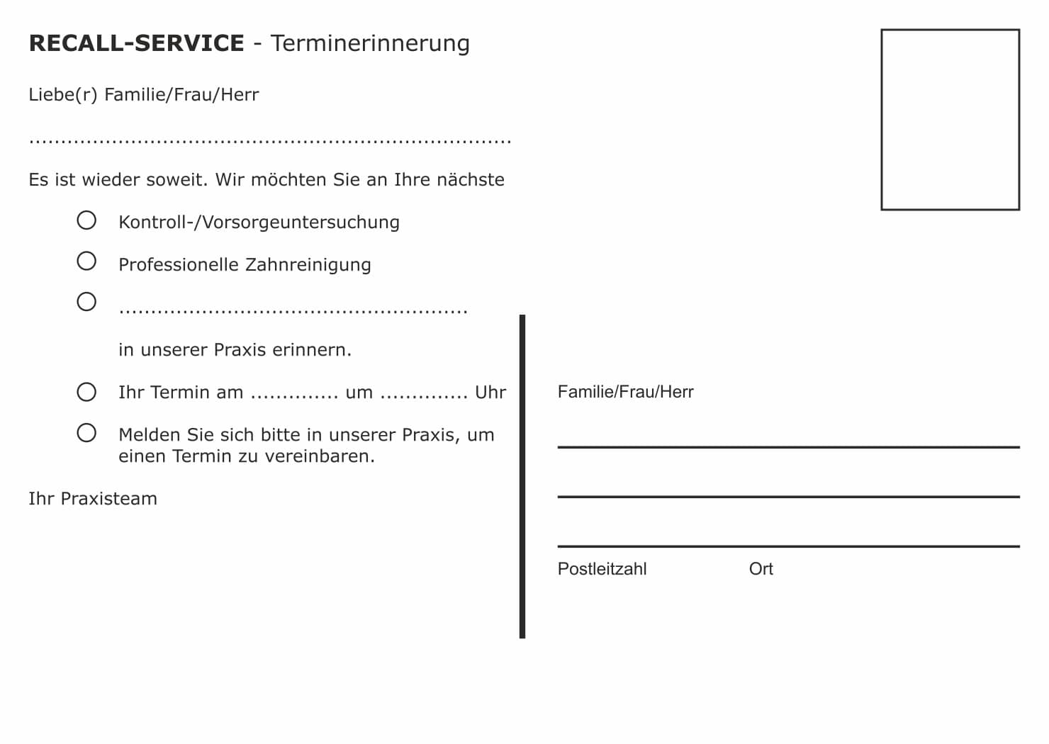 Terminerinnerung Postkarte Zahnarzt