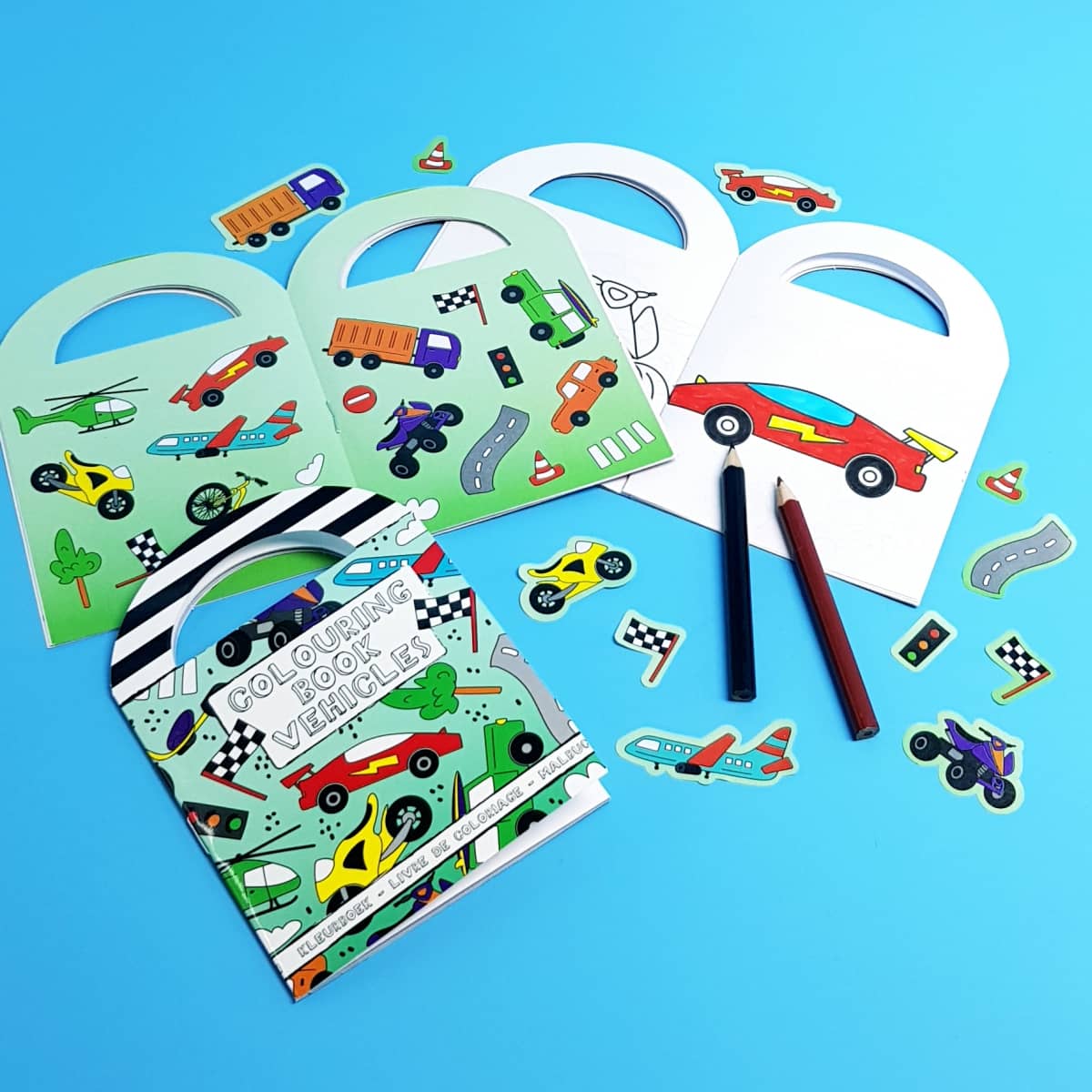 Sticker-Malbücher Fahrzeuge Ausmalbücher mit Aufklebern mit kindgerechten Fahrzeug- und Flieger-Motiven