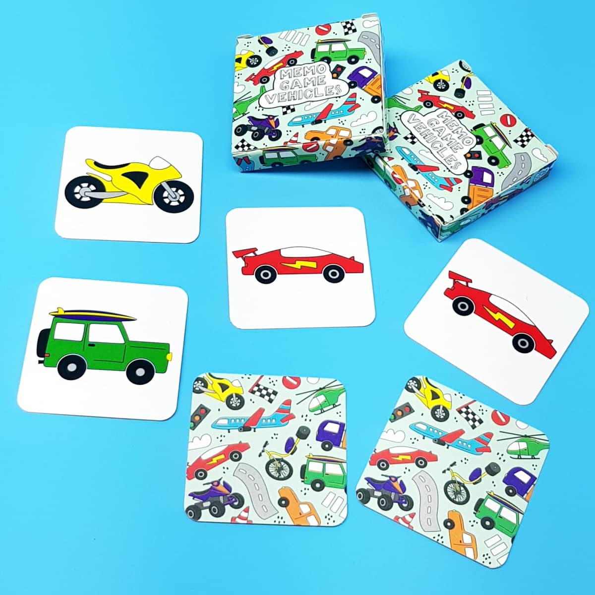 Memo-Spiel Fahrzeuge Memory mit Fahrzeugen und Flieger-Motiven nachhaltige Give-aways für Kinder